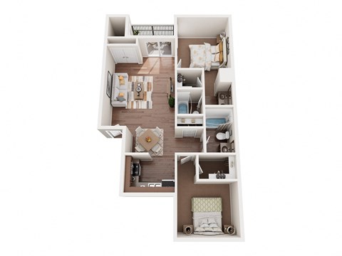 Floor plan for 2 beds, 2 baths, 1036 sqft